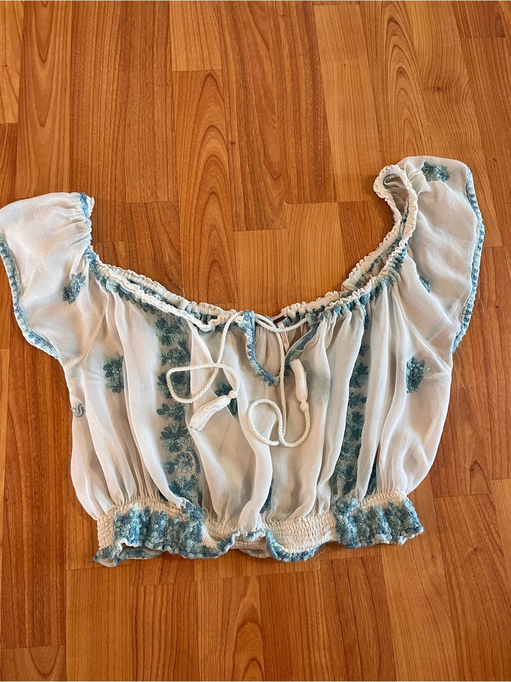 Free People Boho ivory and Teal Embroidered Off-Shoulder Crop Top- S